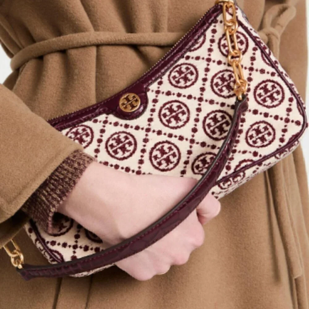 NWT! NEW! Tory Burch T MONOGRAM CHENILLE STUDIO BAG -Claret